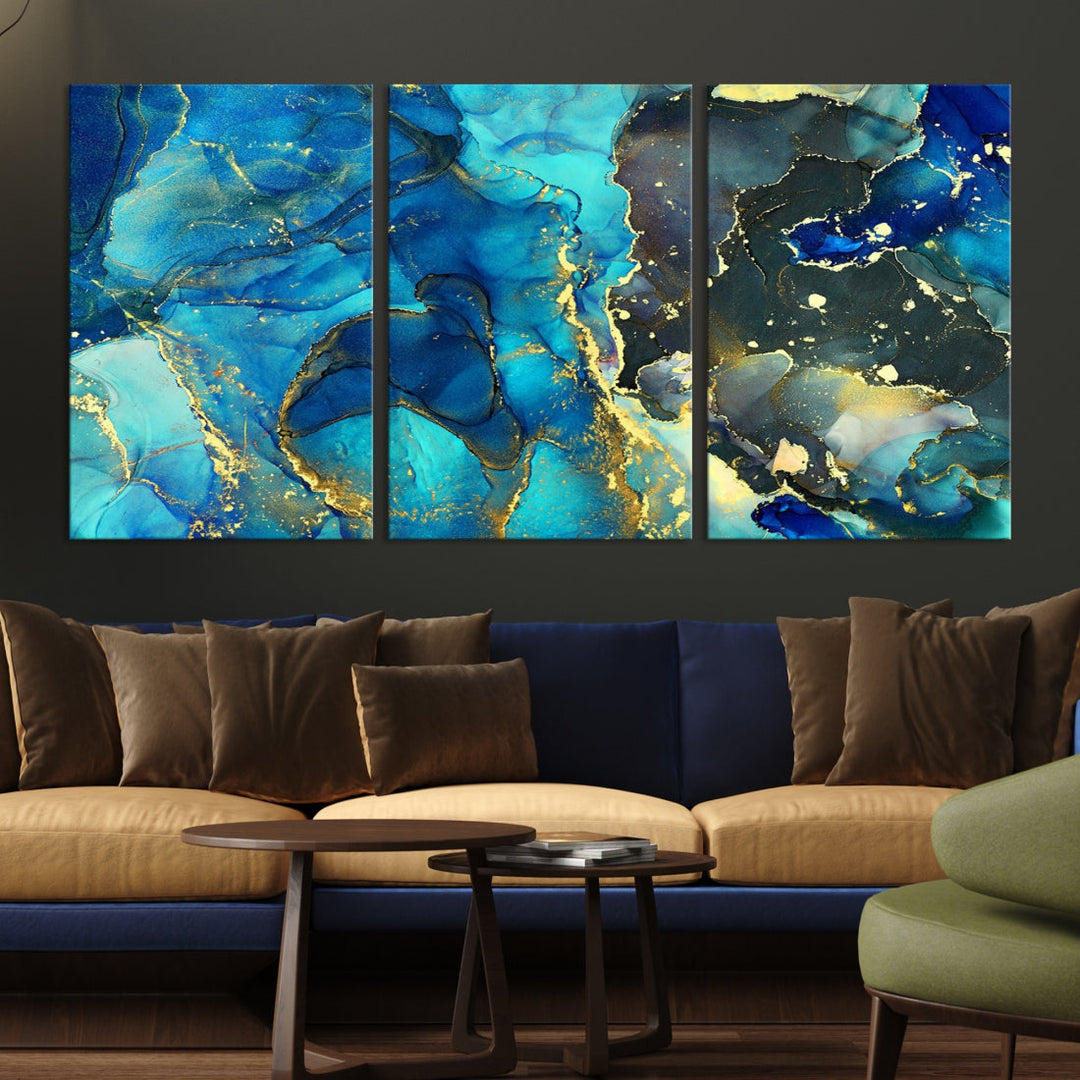 Neon Blue Marble Abstract Large Canvas Art Print for Wall Decor