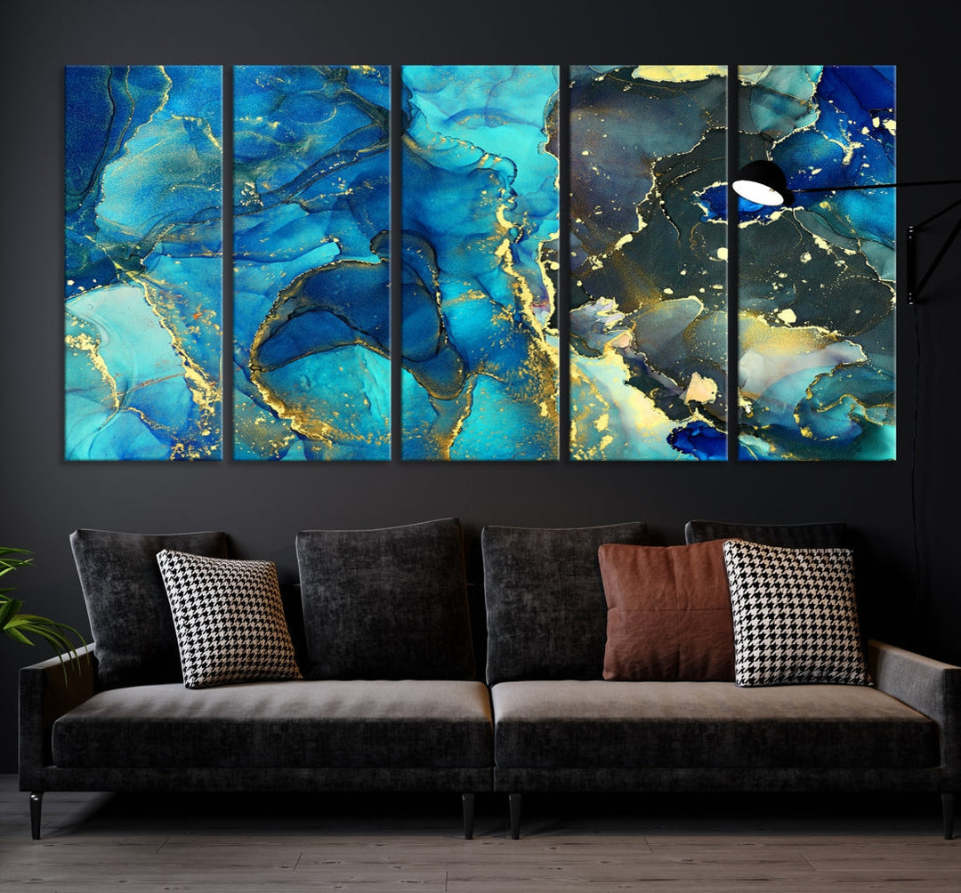 Neon Blue Marble Abstract Large Canvas Art Print for Wall Decor