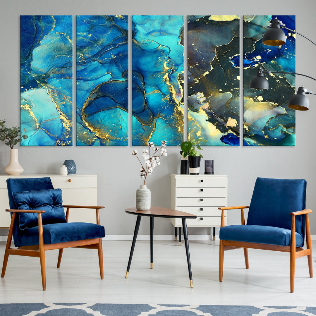 Neon Blue Marble Abstract Large Canvas Art Print for Wall Decor