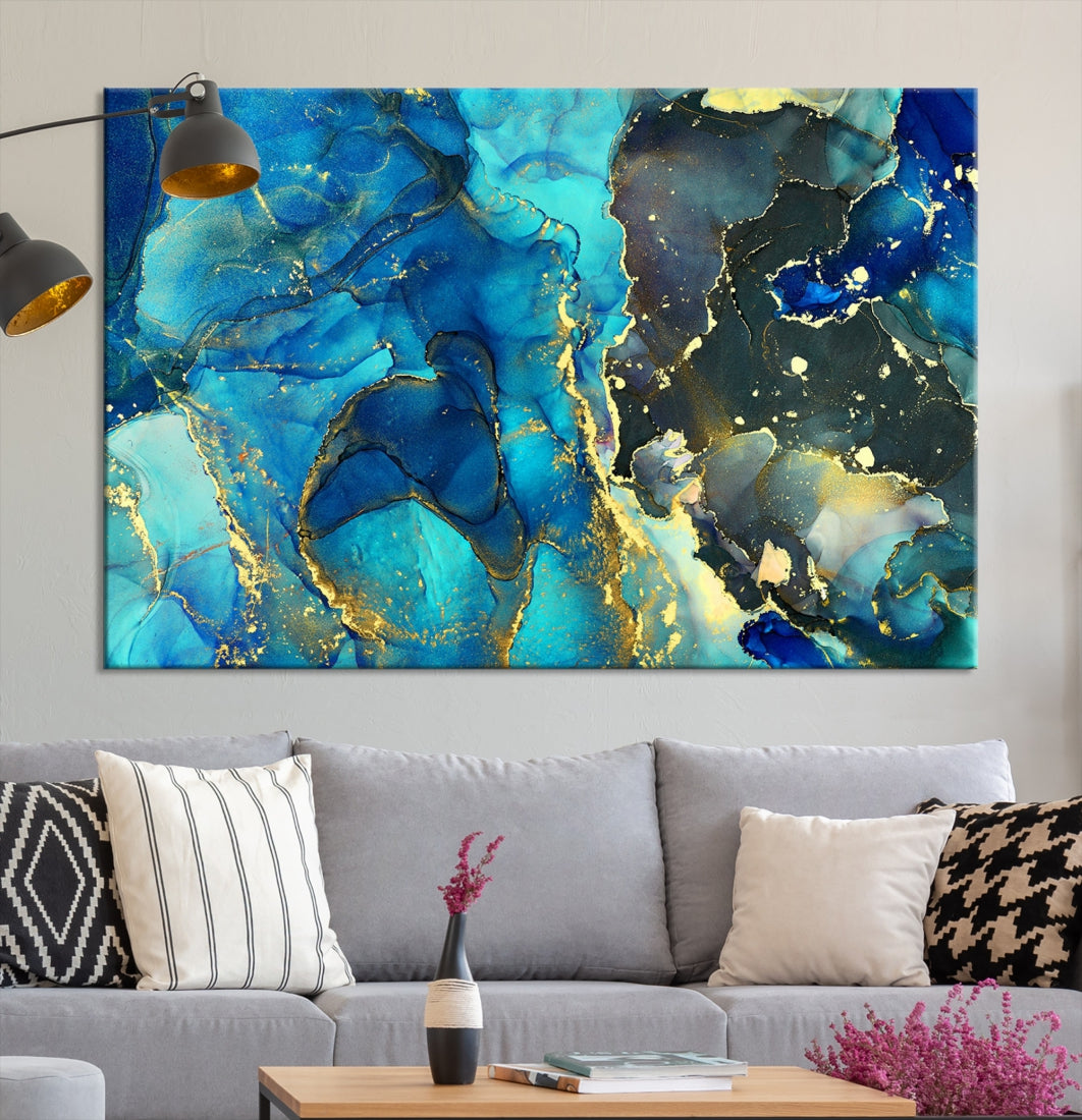 Neon Blue Marble Abstract Large Canvas Art Print for Wall Decor