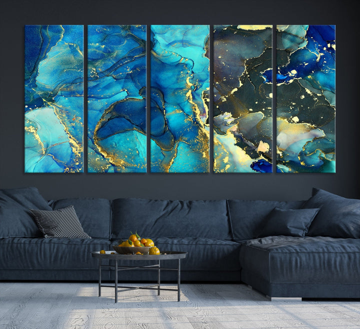 Neon Blue Marble Abstract Large Canvas Art Print for Wall Decor