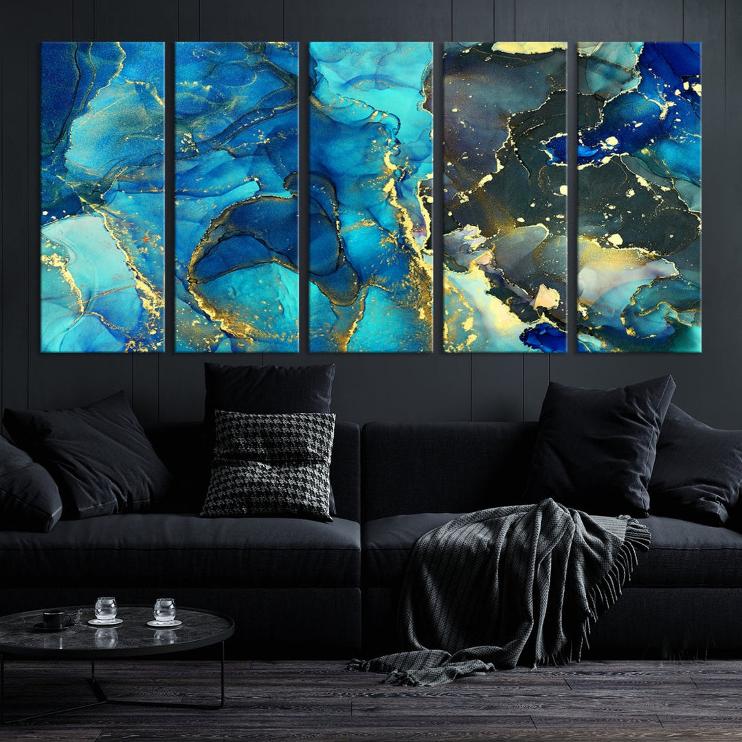 Neon Blue Marble Abstract Large Canvas Art Print for Wall Decor