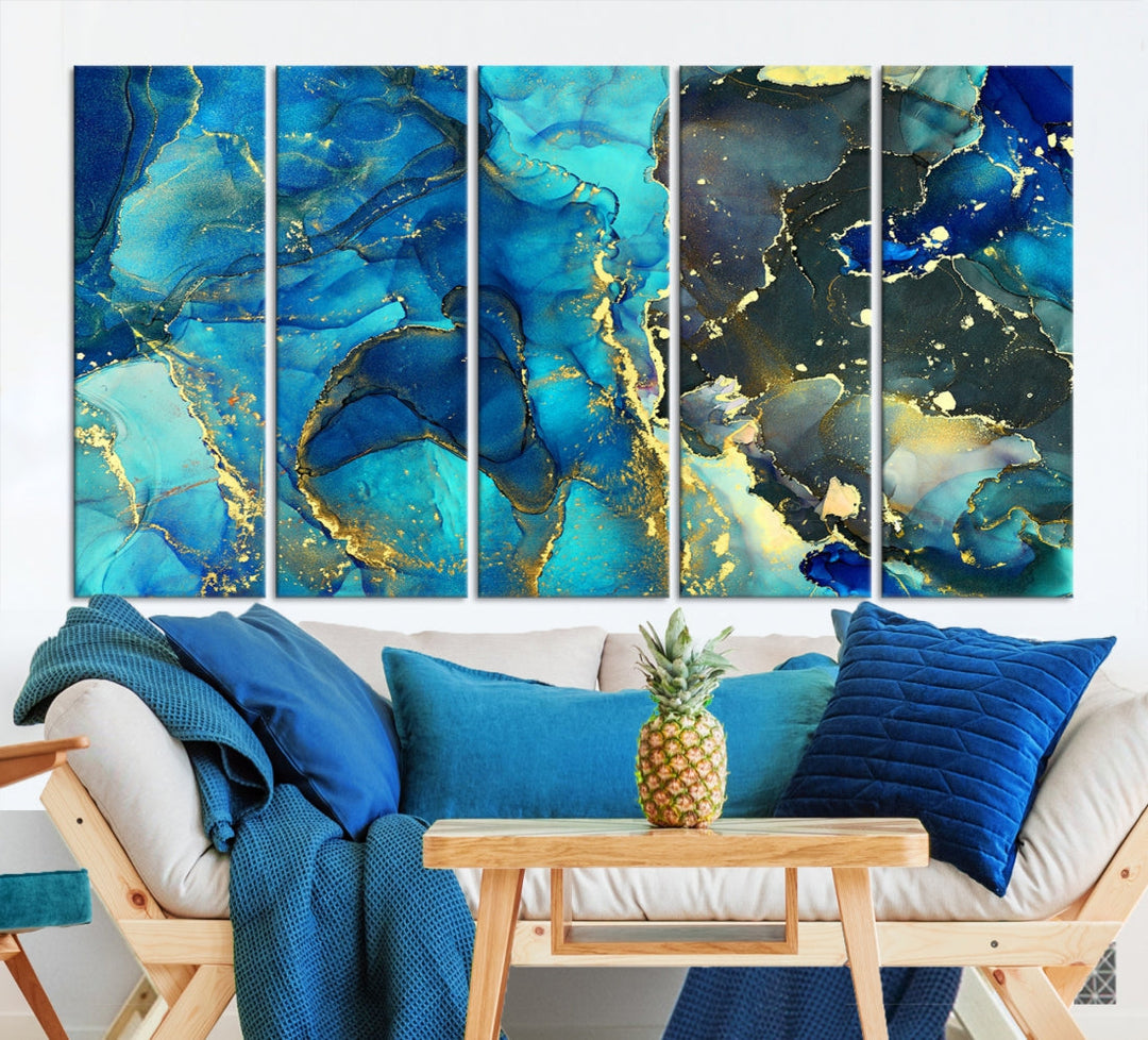 Neon Blue Marble Abstract Large Canvas Art Print for Wall Decor