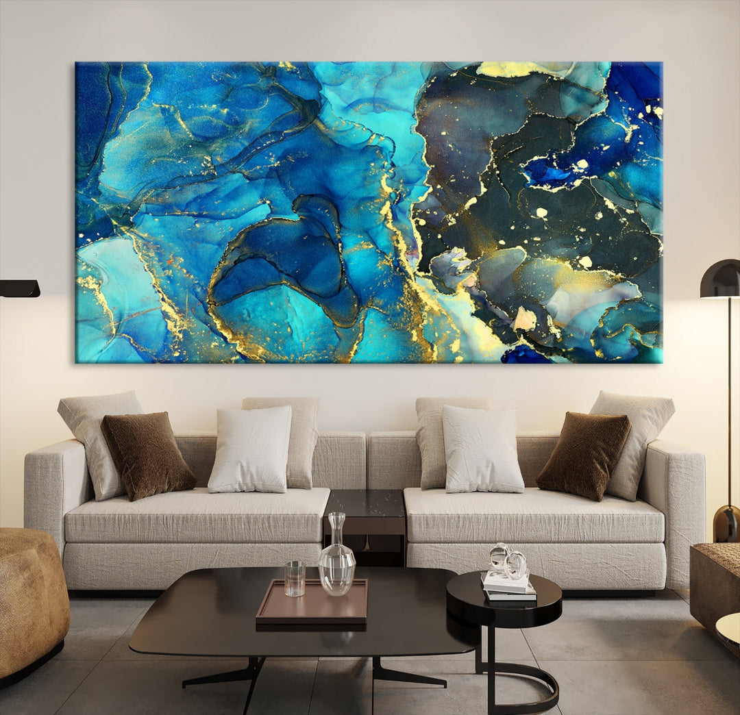 Neon Blue Marble Abstract Large Canvas Art Print for Wall Decor