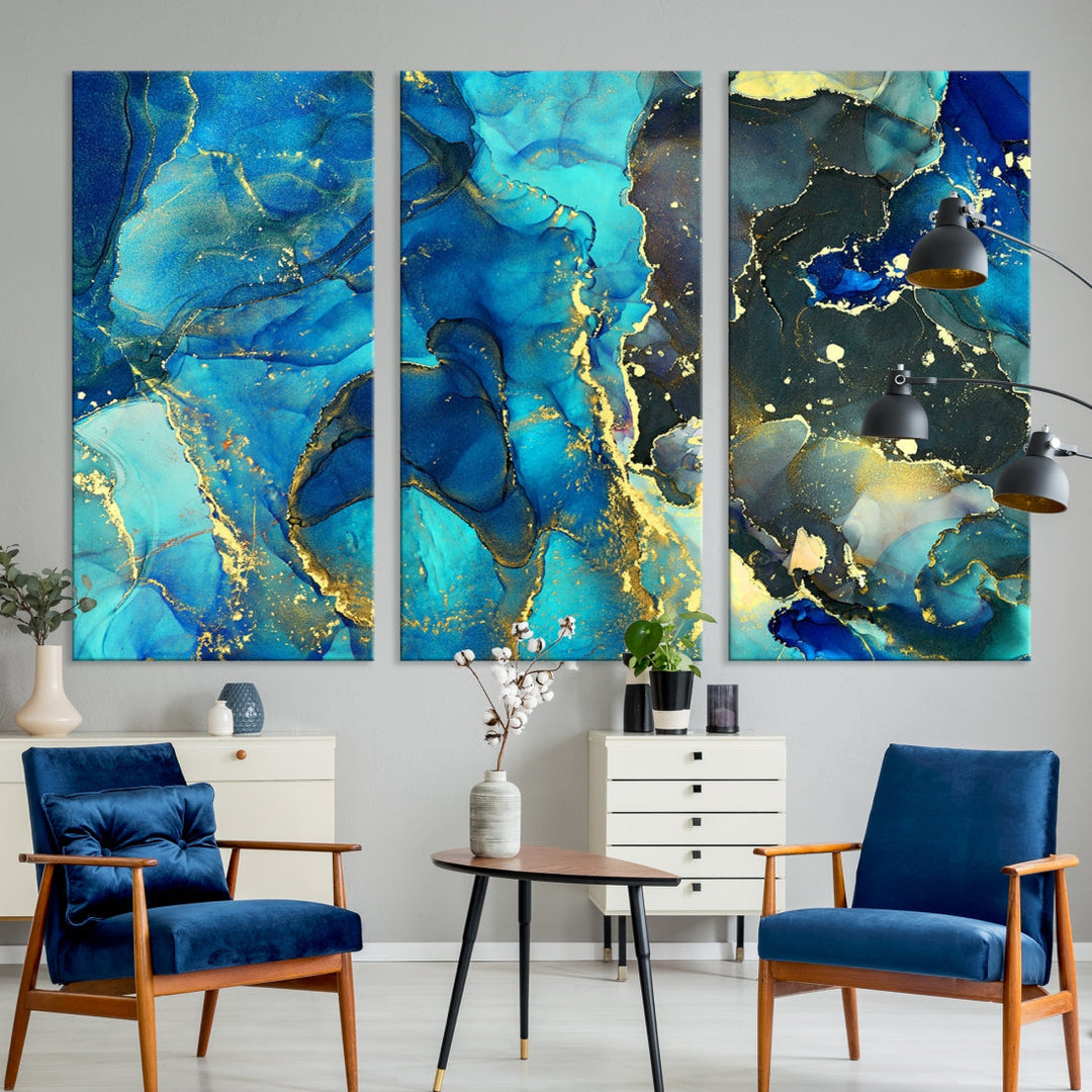 Neon Blue Marble Abstract Large Canvas Art Print for Wall Decor