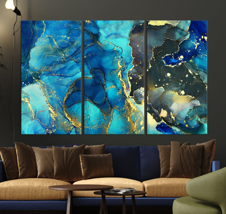 Neon Blue Marble Abstract Large Canvas Art Print for Wall Decor