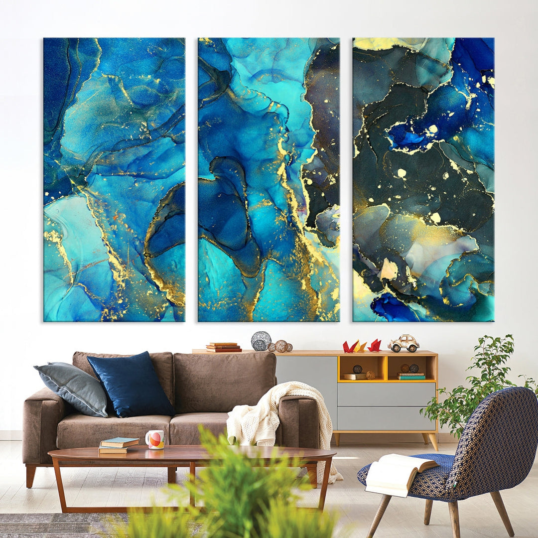 Neon Blue Marble Abstract Large Canvas Art Print for Wall Decor