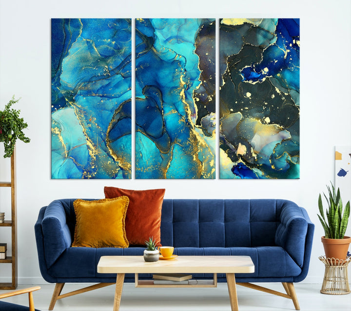 Neon Blue Marble Abstract Large Canvas Art Print for Wall Decor