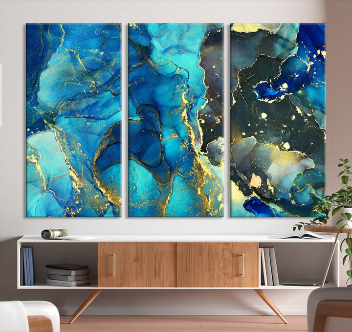 Neon Blue Marble Abstract Large Canvas Art Print for Wall Decor