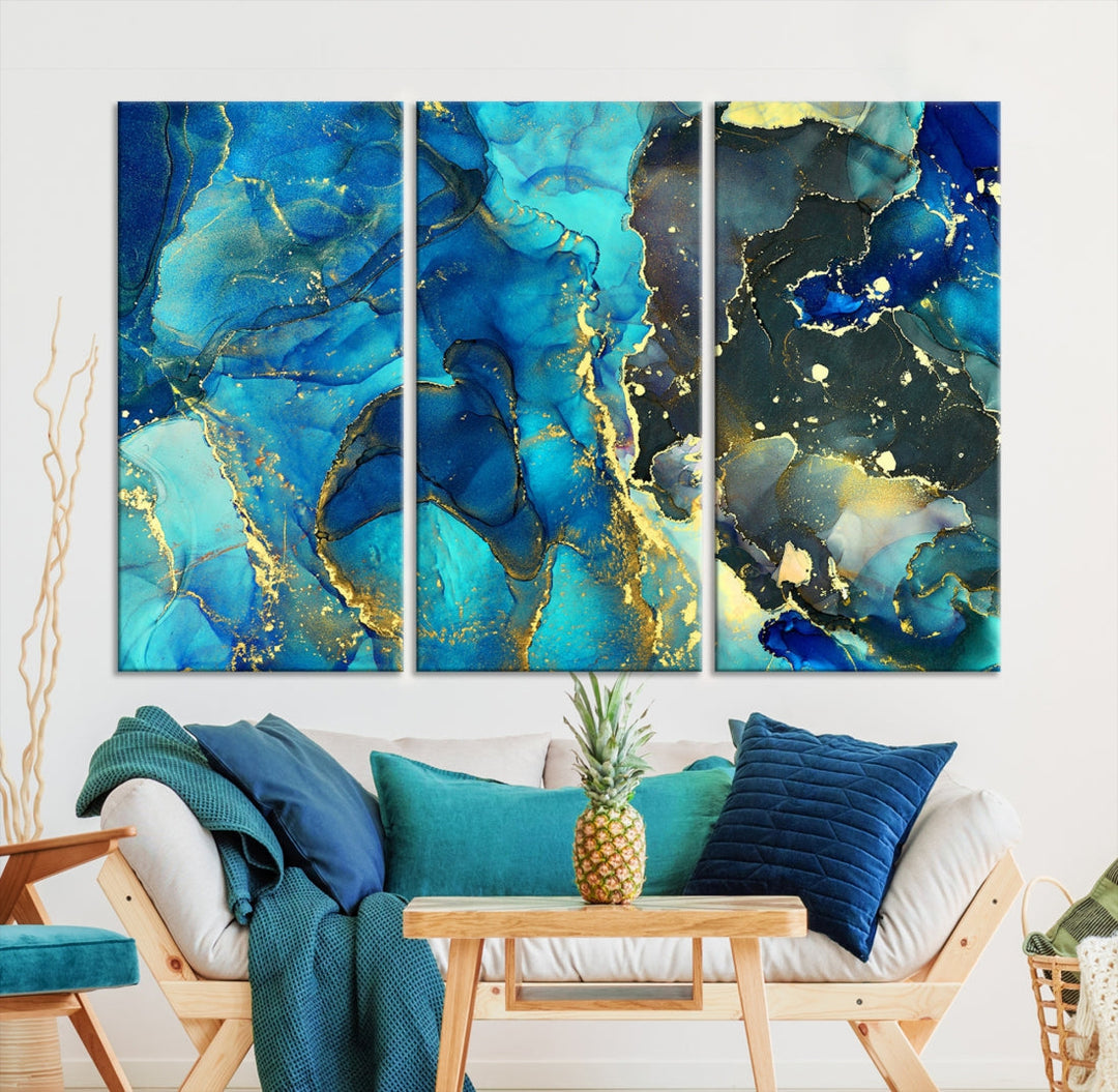 Neon Blue Marble Abstract Large Canvas Art Print for Wall Decor