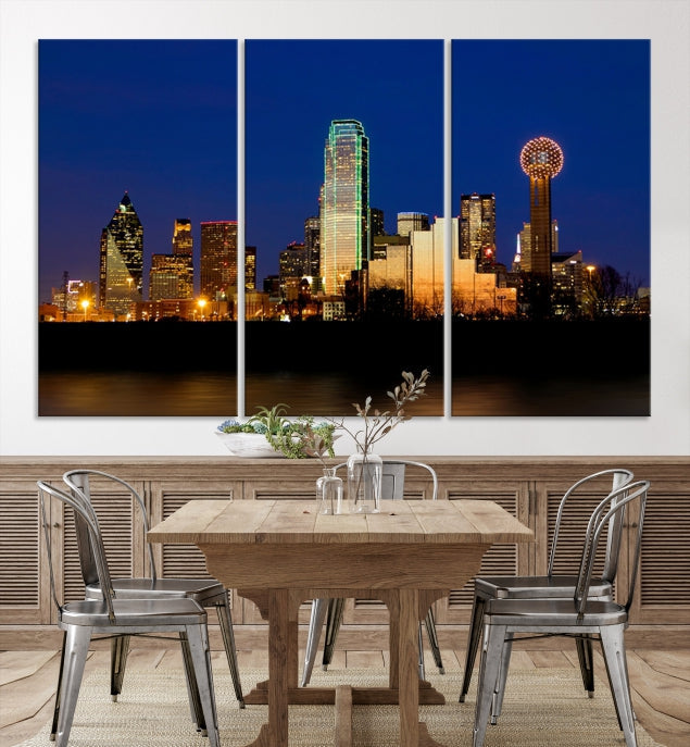 Night Blue Dallas Skyline Cityscape Large Wall Art Canvas Print