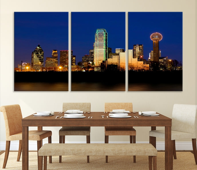 Night Blue Dallas Skyline Cityscape Large Wall Art Canvas Print