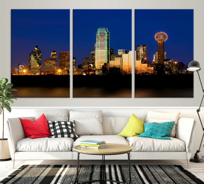 Night Blue Dallas Skyline Cityscape Large Wall Art Canvas Print