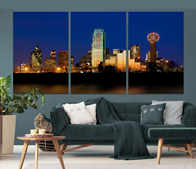 Night Blue Dallas Skyline Cityscape Large Wall Art Canvas Print