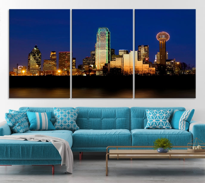 Night Blue Dallas Skyline Cityscape Large Wall Art Canvas Print