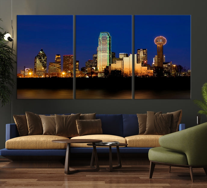 Night Blue Dallas Skyline Cityscape Large Wall Art Canvas Print