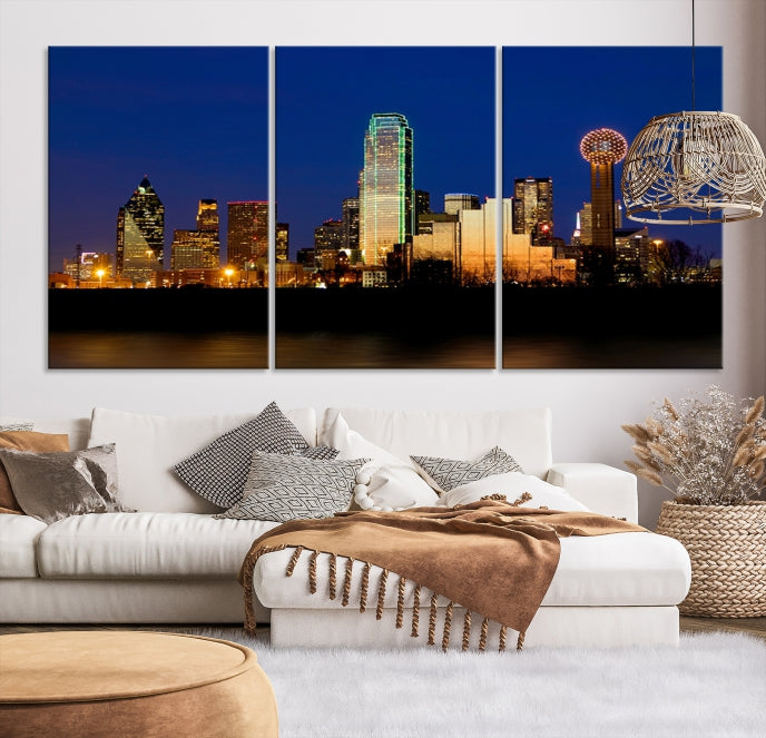 Night Blue Dallas Skyline Cityscape Large Wall Art Canvas Print