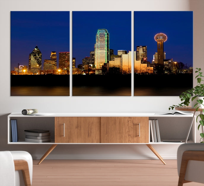 Night Blue Dallas Skyline Cityscape Large Wall Art Canvas Print