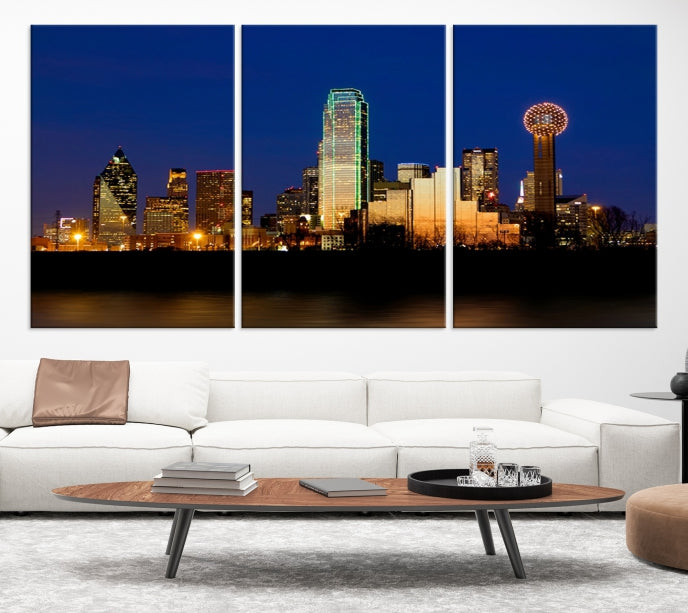 Night Blue Dallas Skyline Cityscape Large Wall Art Canvas Print