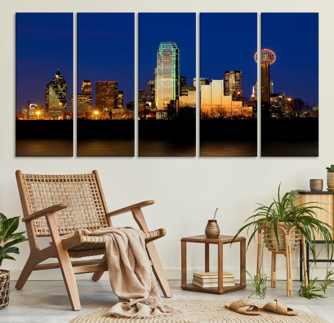 Night Blue Dallas Skyline Cityscape Large Wall Art Canvas Print