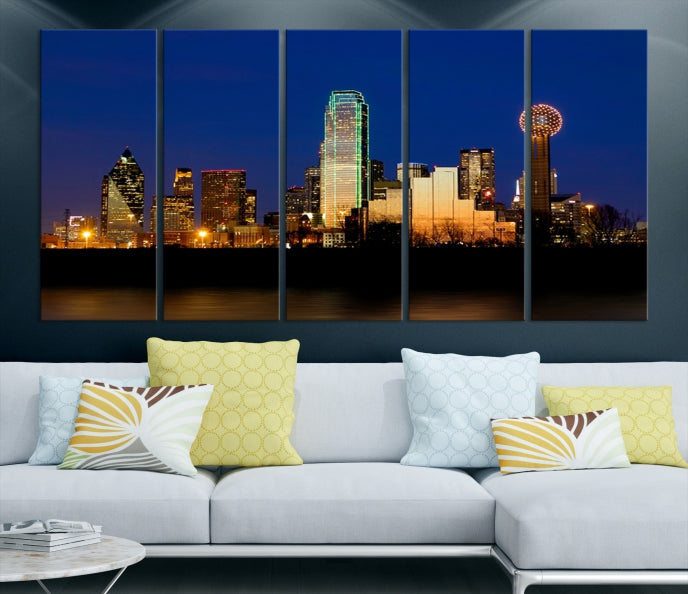 Night Blue Dallas Skyline Cityscape Large Wall Art Canvas Print