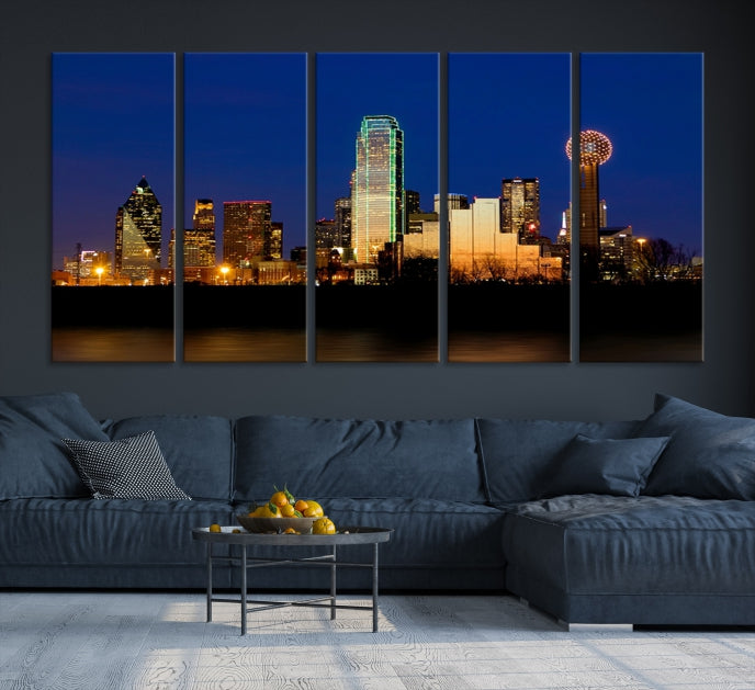 Night Blue Dallas Skyline Cityscape Large Wall Art Canvas Print