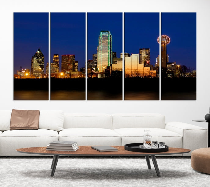 Night Blue Dallas Skyline Cityscape Large Wall Art Canvas Print