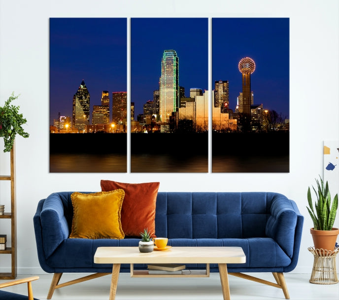 Night Blue Dallas Skyline Cityscape Large Wall Art Canvas Print