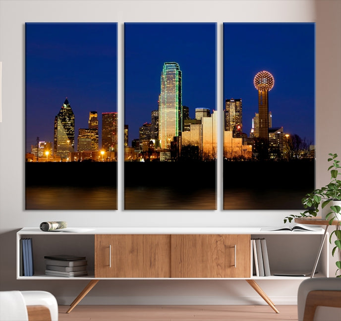 Night Blue Dallas Skyline Cityscape Large Wall Art Canvas Print