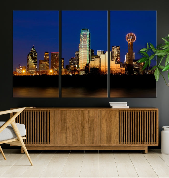 Night Blue Dallas Skyline Cityscape Large Wall Art Canvas Print