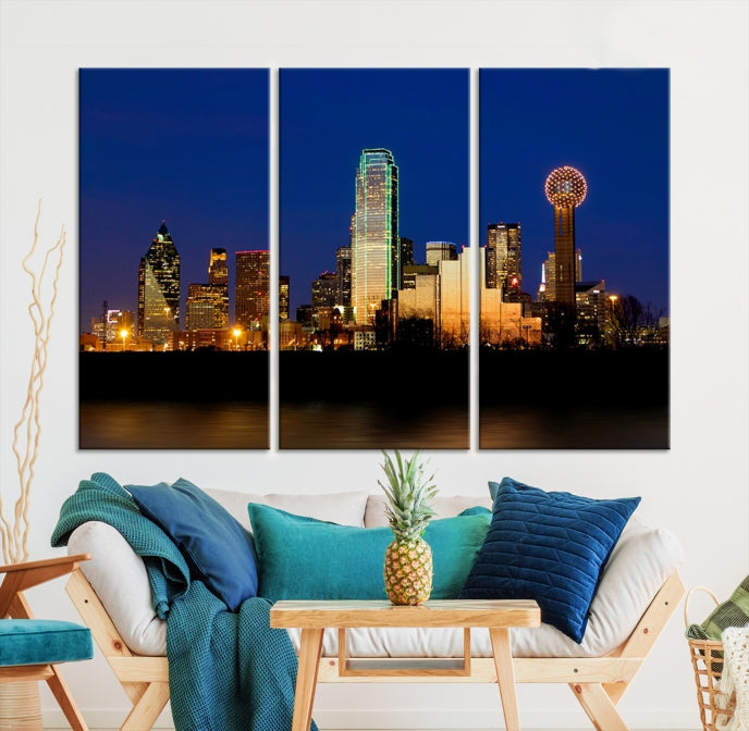 Night Blue Dallas Skyline Cityscape Large Wall Art Canvas Print