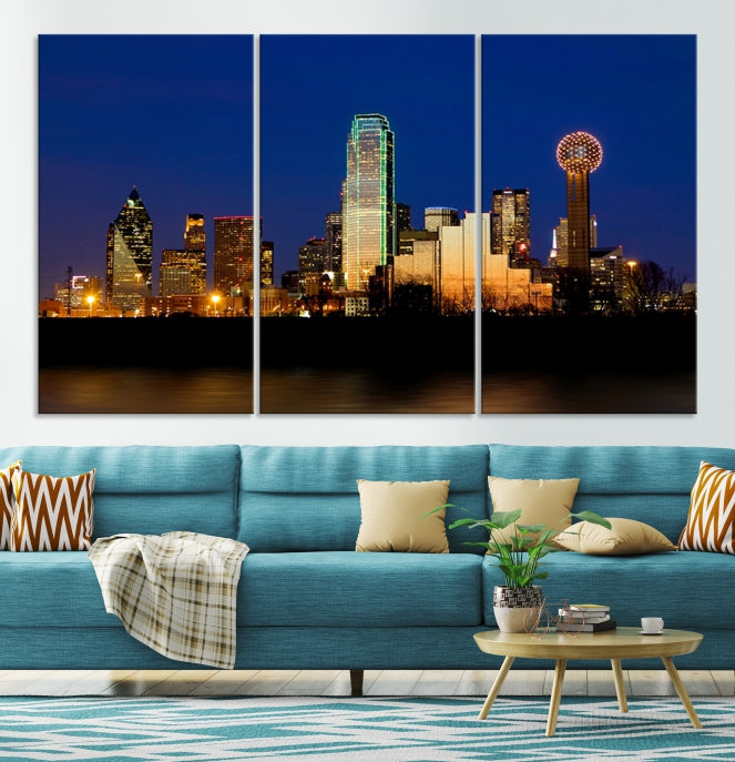 Night Blue Dallas Skyline Cityscape Large Wall Art Canvas Print