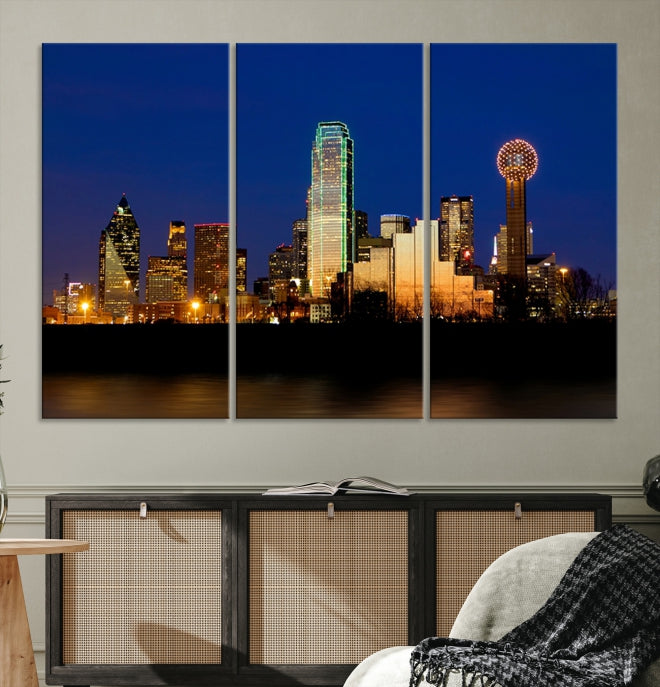 Night Blue Dallas Skyline Cityscape Large Wall Art Canvas Print