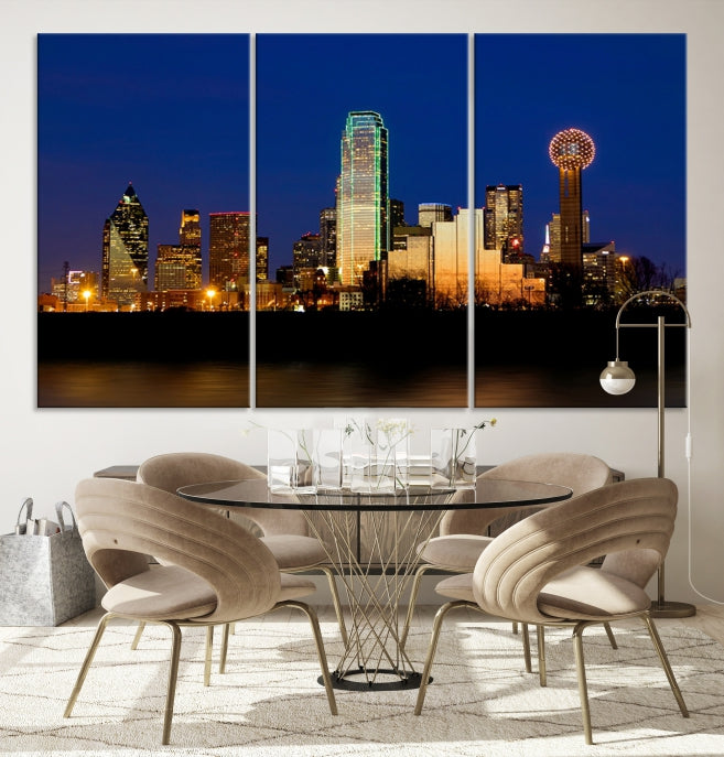 Night Blue Dallas Skyline Cityscape Large Wall Art Canvas Print