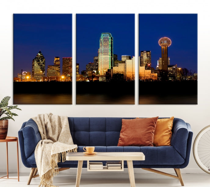 Night Blue Dallas Skyline Cityscape Large Wall Art Canvas Print