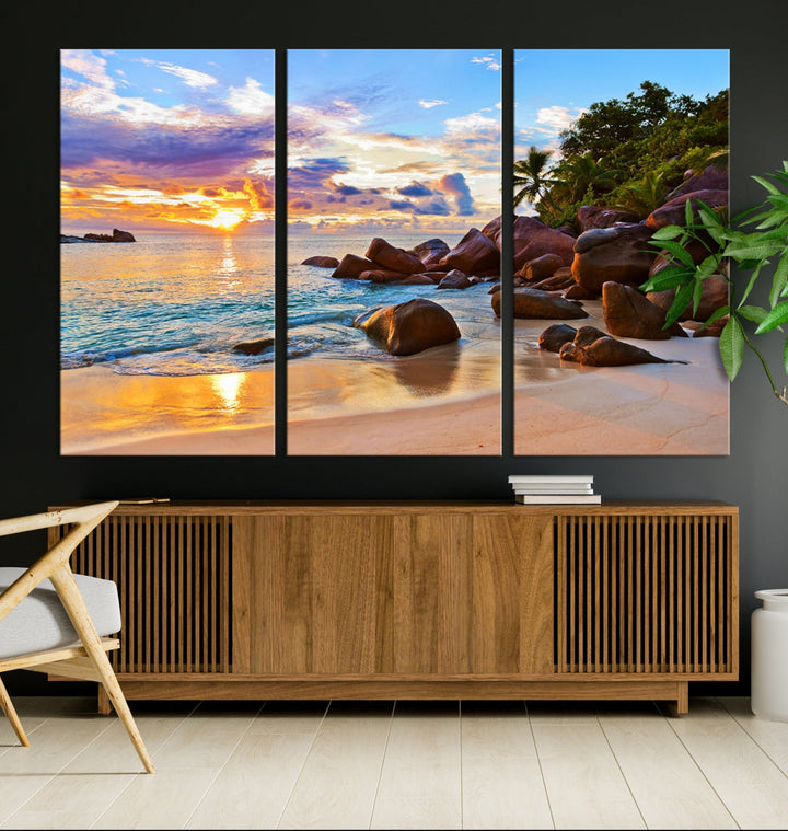 Ocean Beach Canvas Wall Art Beach Canvas, Coastal Sunset Tropical Island Beach Sunset Artwork Print