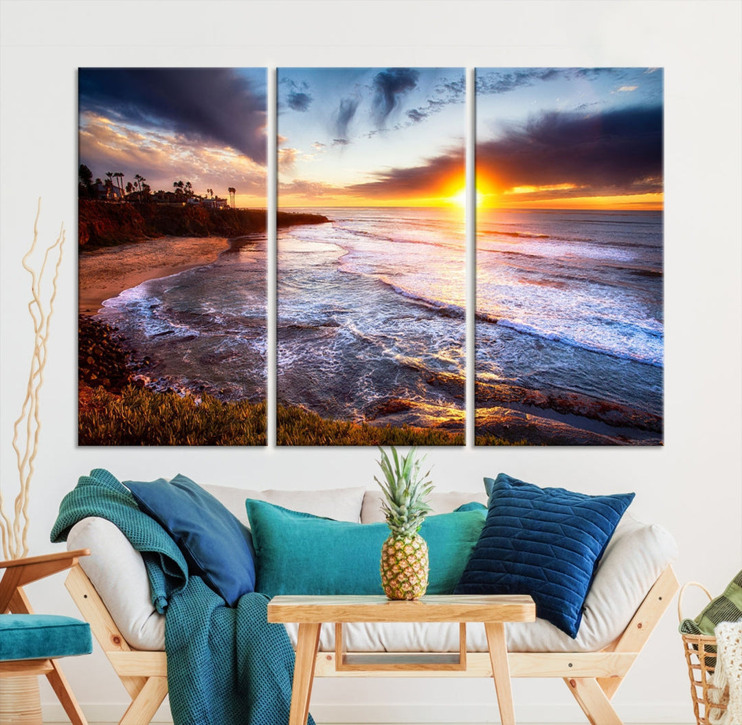 Ocean Beach Canvas Wall Art Beach Canvas, Coastal Sunset Tropical Island Beach Sunset Artwork Print