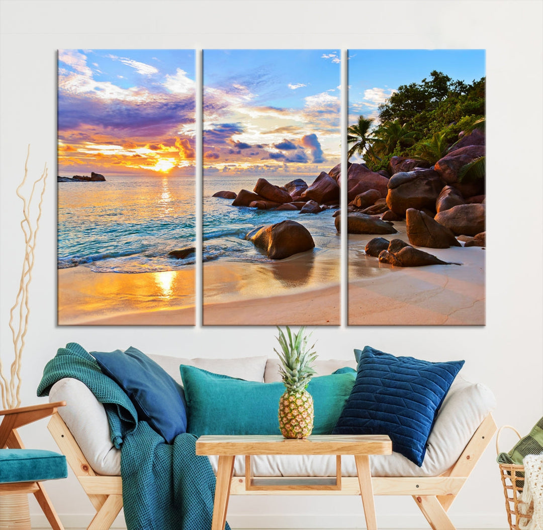 Ocean Beach Canvas Wall Art Beach Canvas, Coastal Sunset Tropical Island Beach Sunset Artwork Print