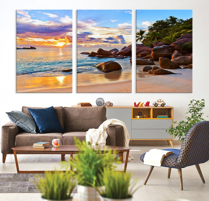 Ocean Beach Canvas Wall Art Beach Canvas, Coastal Sunset Tropical Island Beach Sunset Artwork Print