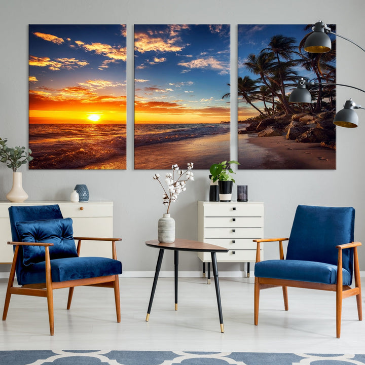 Ocean Beach Canvas Wall Art Beach Canvas, Coastal Sunset Tropical Island Beach Sunset Artwork Print