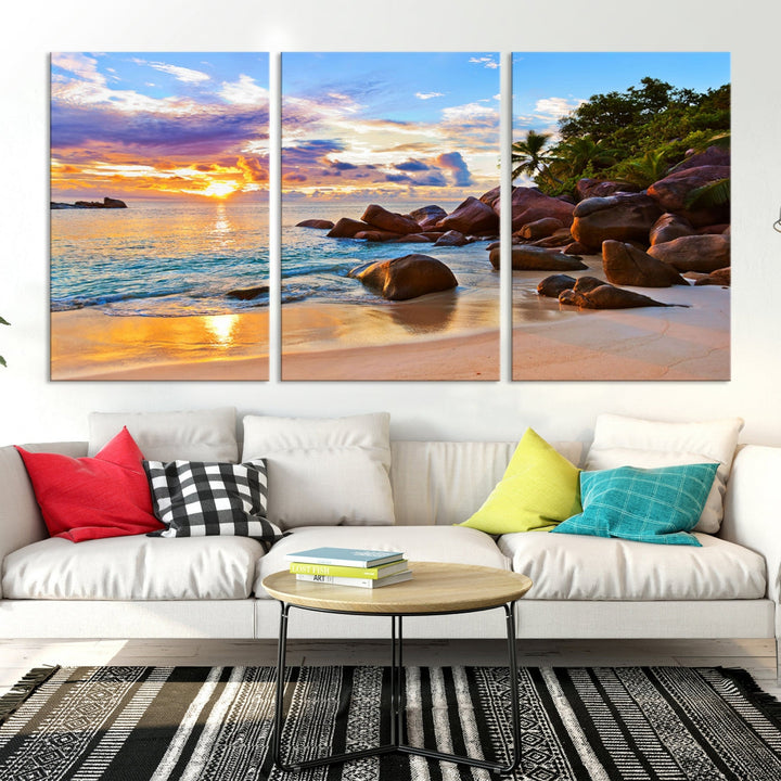 Ocean Beach Canvas Wall Art Beach Canvas, Coastal Sunset Tropical Island Beach Sunset Artwork Print