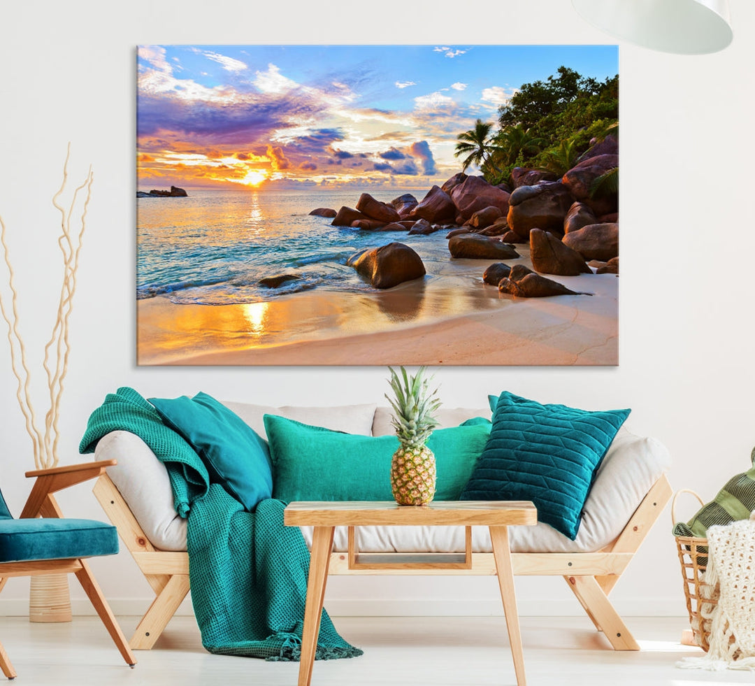 Ocean Beach Canvas Wall Art Beach Canvas, Coastal Sunset Tropical Island Beach Sunset Artwork Print