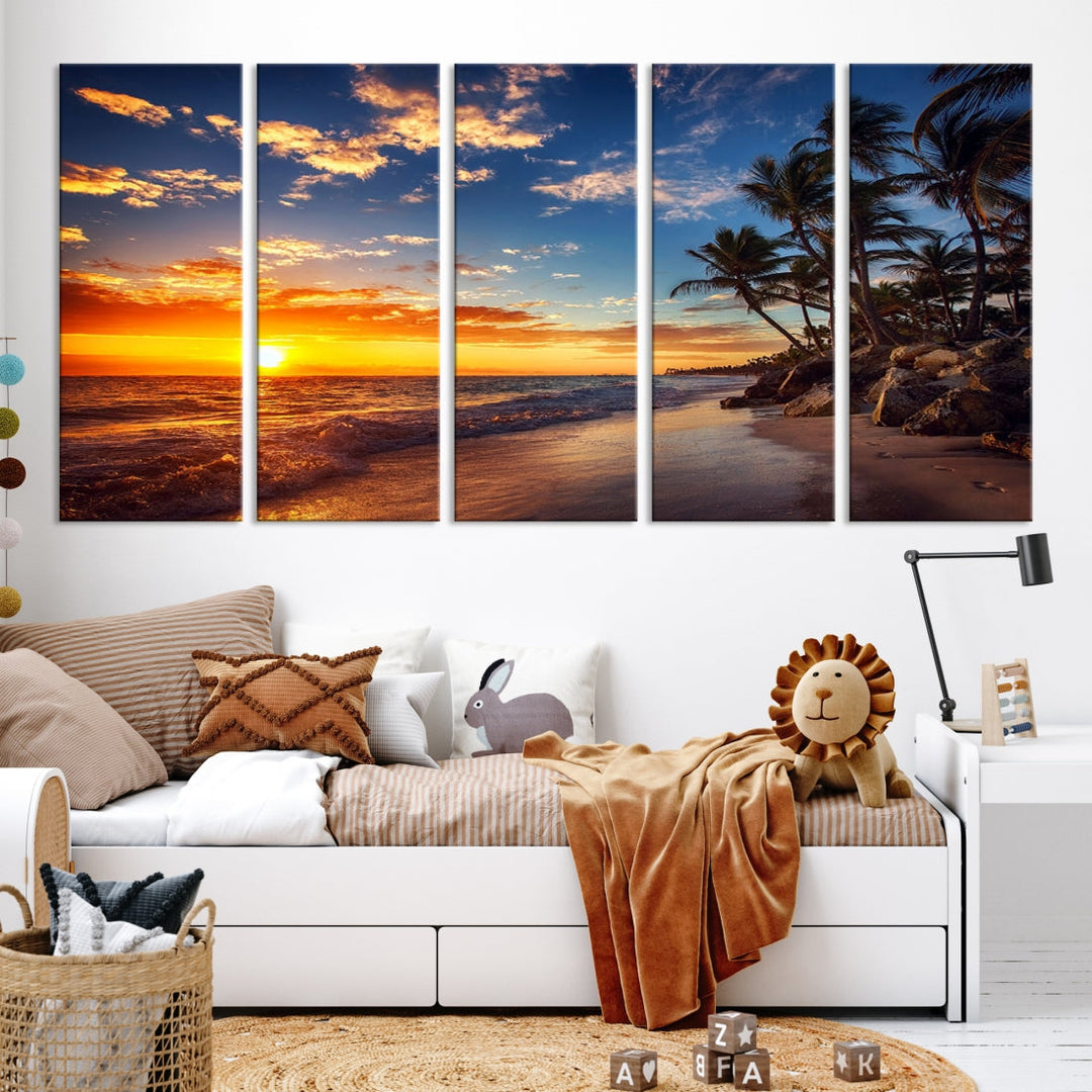 Ocean Beach Canvas Wall Art Beach Canvas, Coastal Sunset Tropical Island Beach Sunset Artwork Print