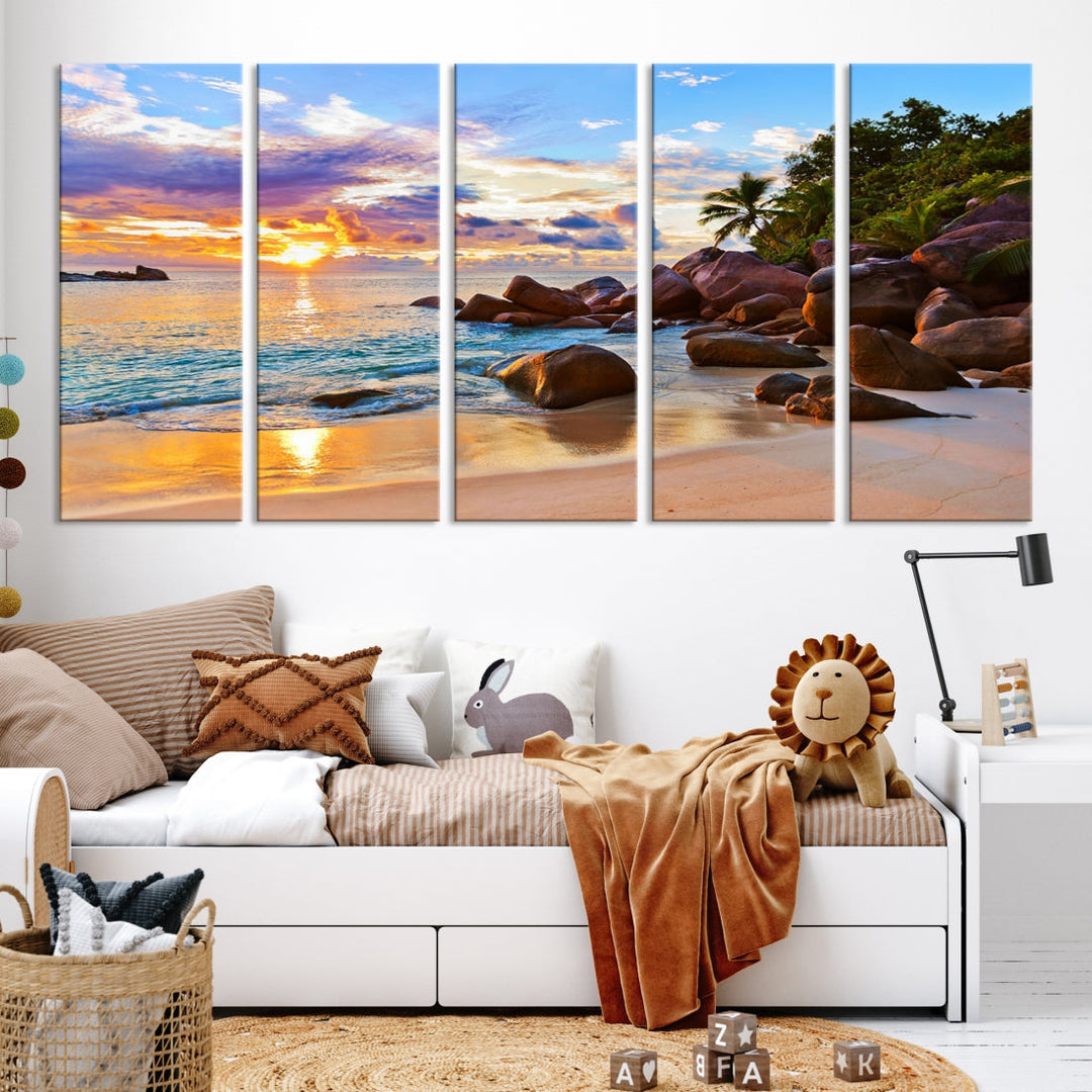 Ocean Beach Canvas Wall Art Beach Canvas, Coastal Sunset Tropical Island Beach Sunset Artwork Print