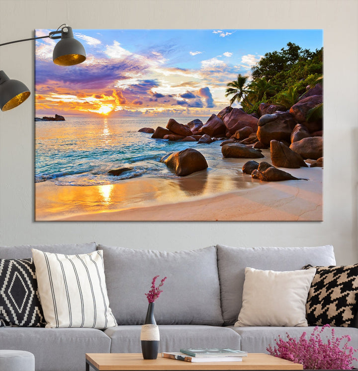 Ocean Beach Canvas Wall Art Beach Canvas, Coastal Sunset Tropical Island Beach Sunset Artwork Print