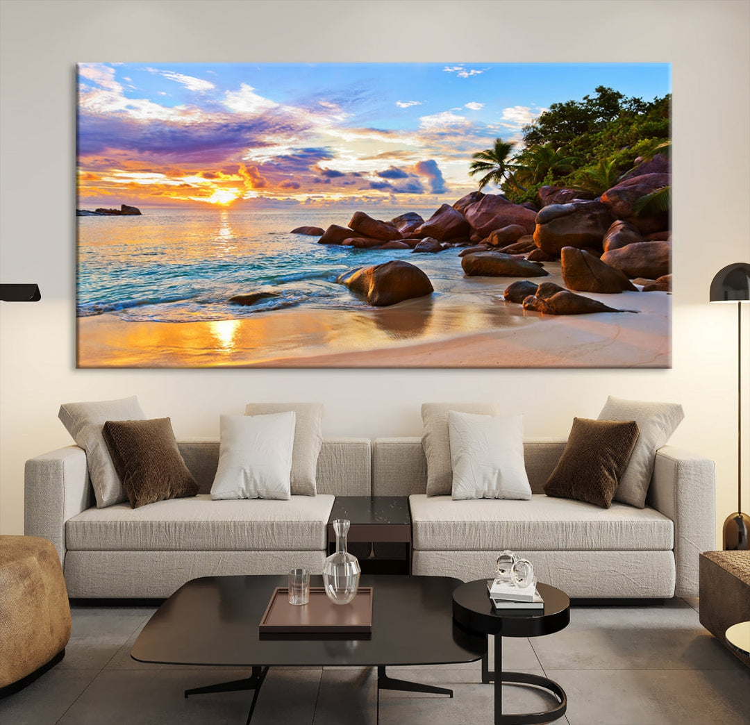 Ocean Beach Canvas Wall Art Beach Canvas, Coastal Sunset Tropical Island Beach Sunset Artwork Print