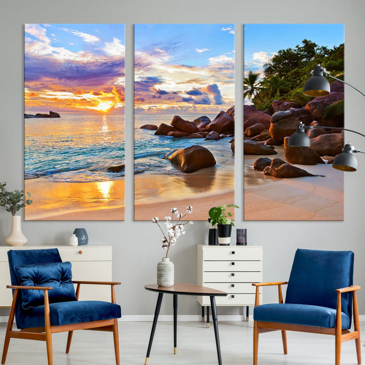 Ocean Beach Canvas Wall Art Beach Canvas, Coastal Sunset Tropical Island Beach Sunset Artwork Print