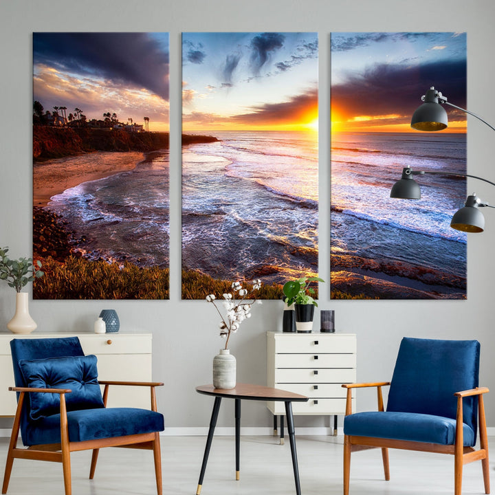 Ocean Beach Canvas Wall Art Beach Canvas, Coastal Sunset Tropical Island Beach Sunset Artwork Print