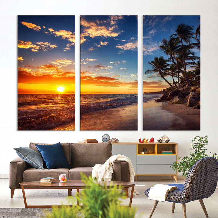 Ocean Beach Canvas Wall Art Beach Canvas, Coastal Sunset Tropical Island Beach Sunset Artwork Print