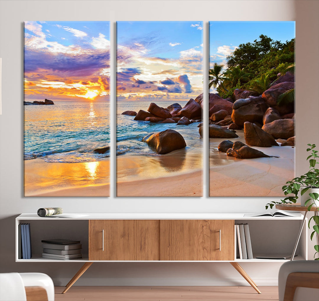 Ocean Beach Canvas Wall Art Beach Canvas, Coastal Sunset Tropical Island Beach Sunset Artwork Print